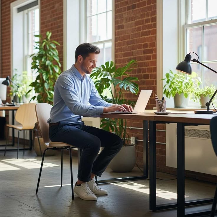 A person seated at a desk with forearms resting level and screen at eye height